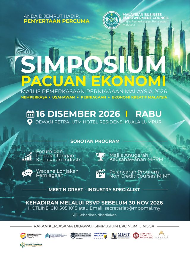 Simposium Pacuan Ekonomi 2026 poster, page 1: event details, programme highlights and partners